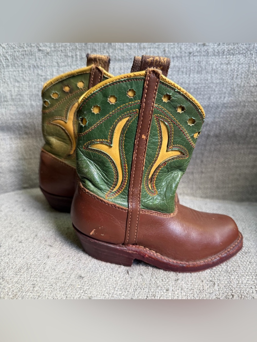 Vintage 1950s Tom Mix Kids Brown and Green Western Cowboy Boots